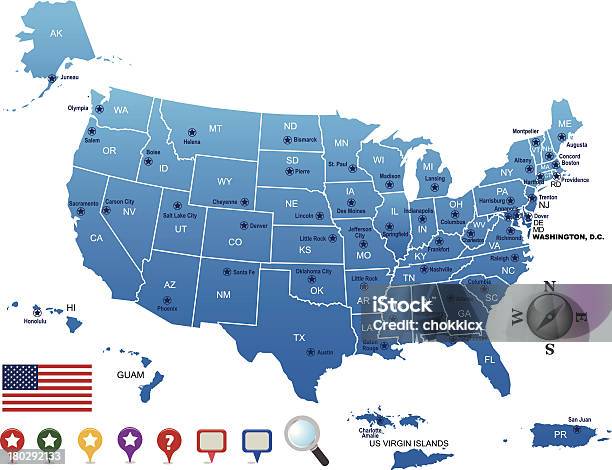 미국 맵 외형선 갖춘 도시 및 그 테리토리스 지도에 대한 스톡 벡터 아트 및 기타 이미지 - 지도, 주 의사당 건물, 미국