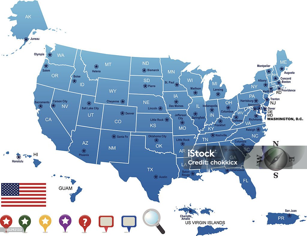 USA map контур с административных центров и территорий - Векторная графика Карта роялти-фри