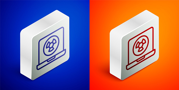 istock Isometric line Nuclear laptop icon isolated on blue and orange background. Silver square button. Vector 1802929931