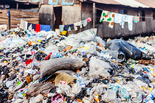 Lagos, Nigeria - Loads of garbage in the streets of Makoko slum neighbourhood.