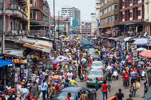 African city market streets (Balogun). Lagos, Nigeria, West Africa