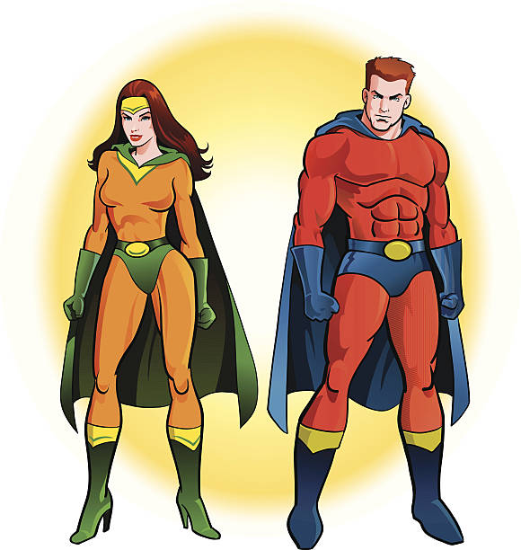 ilustrações de stock, clip art, desenhos animados e ícones de casal de super heróis - superhero cape confidence futuristic