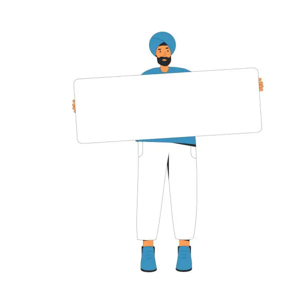 Vector illustration of Young man holding blank banner.