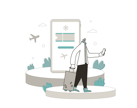 Online flight ticket booking. Male traveler going to his flight with luggage. Bearded man with suitcase running to his gate. Book your flight servise app. Vector person with suitecase.