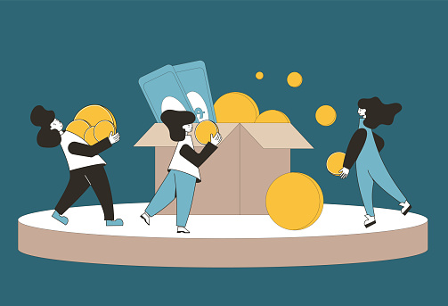 Fundraising concept. Young people raising money together. Teenagers with huge coins, greenbacks and box. Line art flat vector illustration.
