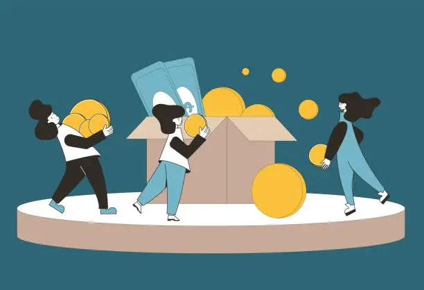 Vector illustration of Fundraising concept. Young people raising money together. Teenagers with huge coins, greenbacks and box. Line art vector illustration.