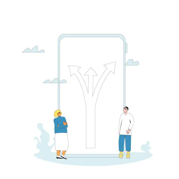 Vector illustration of Young people standing at crossroads on phone screen. Decision.