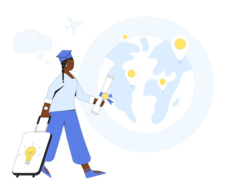 Brain drain metaphor. Graduate immigration program. Study and work abroad opportunity for skilled workers. Visa for obtaining education. Vector outline illustration.