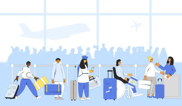 Vector illustration of People with bags waiting to board a flight.