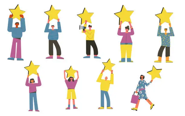 Vector illustration of Feedback concept. People with stars in their hands