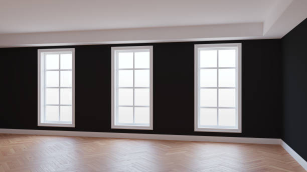 istock Interior with Black Walls, Three Large Windows, Light Glossy Herringbone Parquet 1802990775