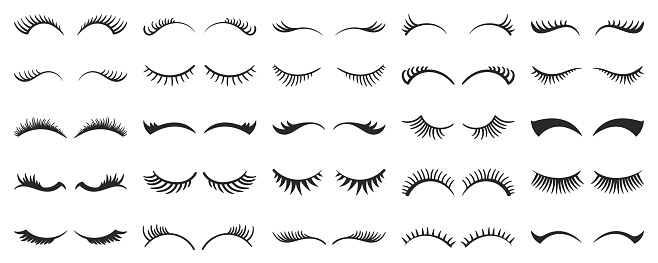 Eyelashes Collection Isolated On White Background. Stunning Array Of Various Lengths And Styles, Perfect For Enhancing Eyes Natural Beauty, Adding Allure And Elegance To Look. Vector Illustration, Set