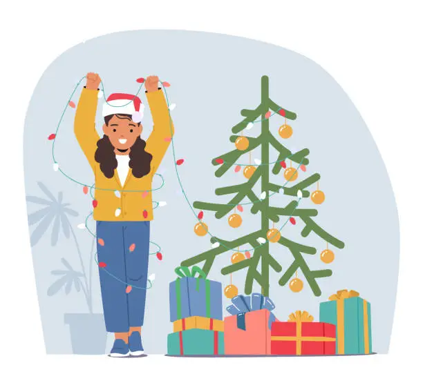 Vector illustration of Joyful Child Adorns A Christmas Tree With Twinkling Lights And Colorful Ornaments. Happy Girl Character Spreading Cheer