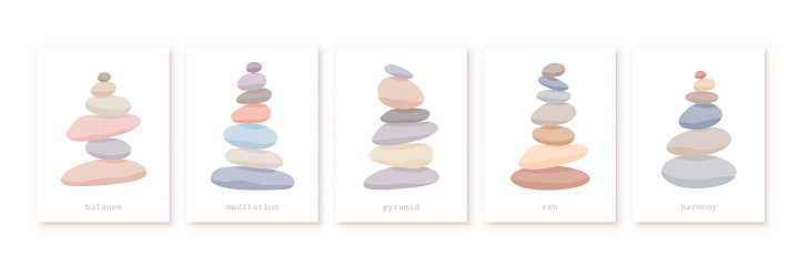 Meditation stone balance pyramid set vector illustration. Stacked pebbles pastel colors object collection isolated in white background.