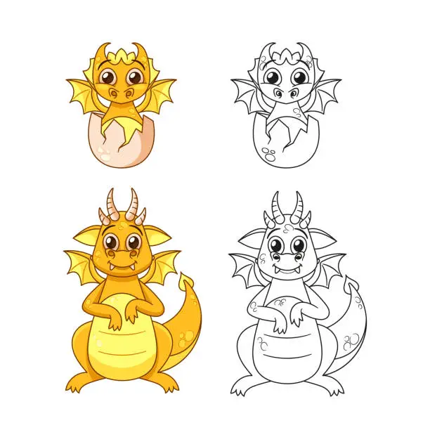 Vector illustration of Adorable Cartoon Dragons With Big Eyes And Yellow Scales. Outline Personages For A Coloring Book Paintings