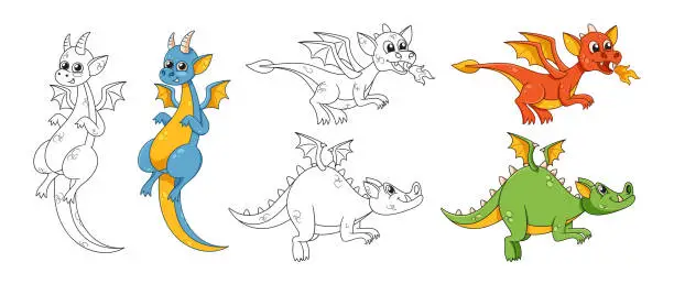 Vector illustration of Adorable Dragons, Cartoon Characters With Colorful Scales And Monochrome Outline Personages With Playful Expressions