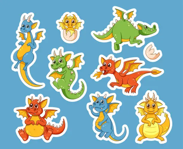 Vector illustration of Set of Stickers Cute Cartoon Dragons With Vibrant Scales And Playful Expressions. Whimsical Winged Personages