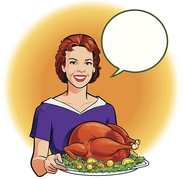 レトロなスタイルを持つ女性のローストターキーディナー - turkey thanksgiving dinner roast turkey点のイラスト素材／クリップアート素材／マンガ素材／アイコン素材