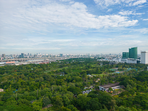 Aerial view Chatuchak green central park with office building JJ market Bangkok Thailand