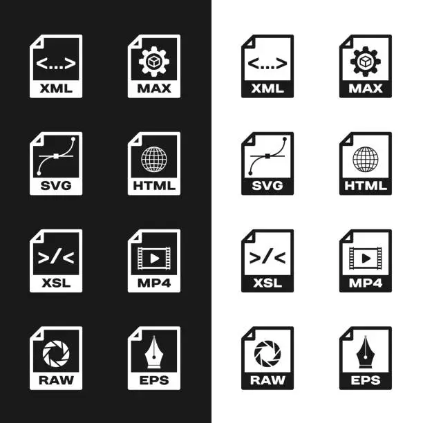 Vector illustration of Set HTML file document, SVG, XML, MAX, XSL and MP4 icon. Vector