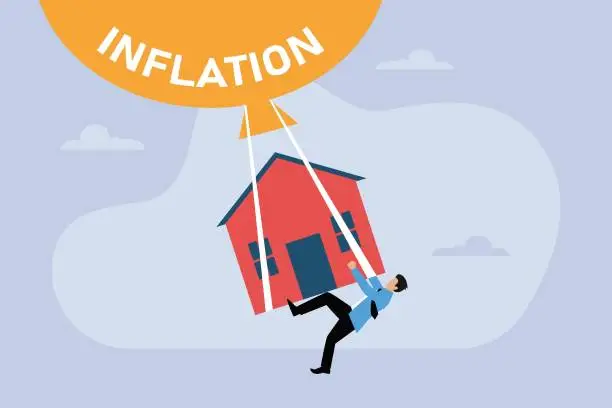 Vector illustration of Businessman tries to hold down house from inflation