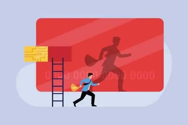 Vector illustration of Businessman stealing and running away from credit card