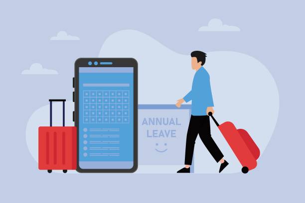 Businessman traveling for an annual leave next to mobile phone Businessman traveling for an annual leave off balance stock illustrations