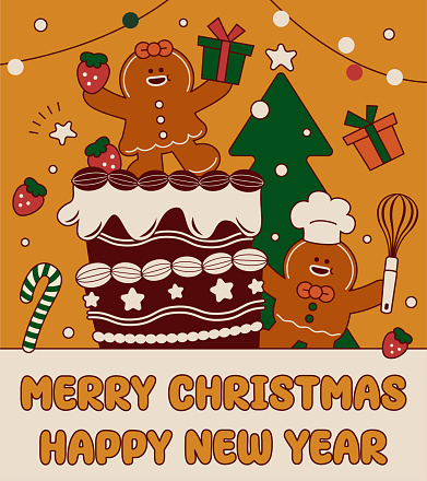Cute Christmas Characters Vector Art Illustration.
A cute gingerbread couple made a big Christmas cake to wish you a Merry Christmas and a Happy New Year.