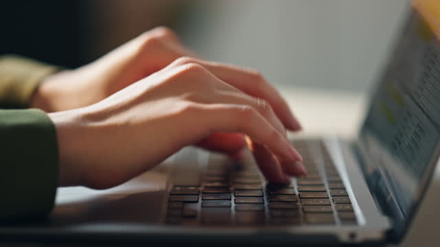 Woman hands texting laptop keyboard closeup. Unknown busy businesswoman emailing