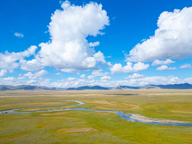 Drone point of view Mongolian pasture steppe with blue sky