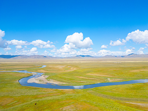 Drone point of view Mongolian pasture steppe with blue sky