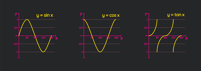 Trigonometric Sin Cos Tan Function Graph Diagram. goniometric mathematical function sine, cosine, tangent graph wave vector illustration.