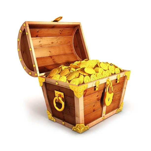 3d golden treasure chest, isolated white background, 3d image