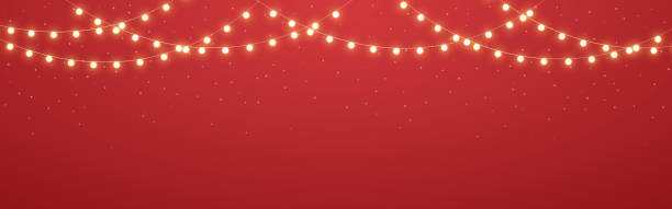 クリスマスイルミネーション。赤い背景に金の装飾。光る花輪の縁取り。ウェブサイトやグリーティングカード用の夜光ストリング。明るいお祝いのランプ。黄色のライト。ベクトル図 - gift snow yellow christmas点のイラスト素材／クリップアート素材／マンガ素材／アイコン素材