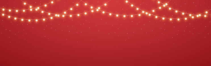 Christmas lights. Gold decoration on red background. Glowing garlands border. Luminous string for website or greeting card. Bright festive lamps. Yellow lights. Vector illustration.