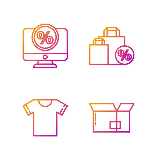 Vector illustration of Set line Carton cardboard box, T-shirt, Percent discount and monitor and Shoping bag with discount. Gradient color icons. Vector