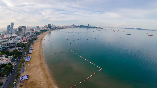 Pattaya Thailand, a view of the beach road with hotels and skyscrapers buildings alongside the beach road.