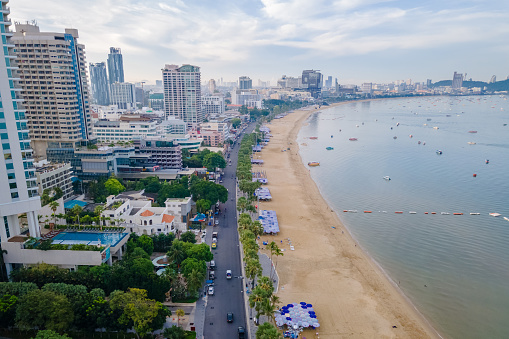 Pattaya Thailand, a view of the beach road with hotel buildings alongside the renovated new beach road.