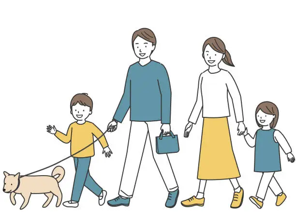 Vector illustration of Happy young family walking their dog