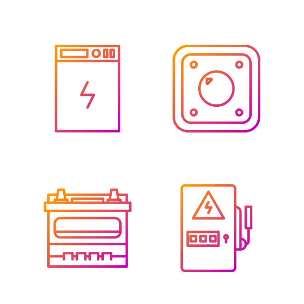 Set line Electrical panel, Car battery, Power bank and Electric light switch. Gradient color icons. Vector Set line Electrical panel, Car battery, Power bank and Electric light switch. Gradient color icons. Vector electrolux error codes stock illustrations