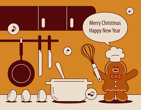 Cute Christmas Characters Vector Art Illustration.
A cute gingerbread woman with a whisk in her hand ready to mix the ingredients for a Christmas cake wishes you a Merry Christmas and a Happy New Year.