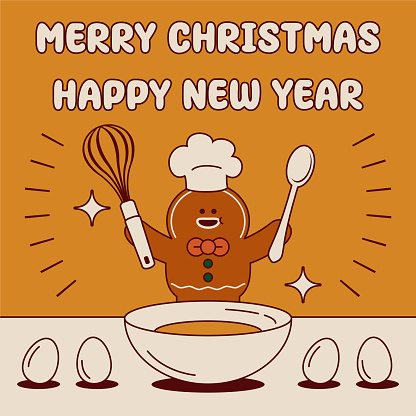 Cute Christmas Characters Vector Art Illustration.
A cute gingerbread man with a whisk in his hand is mixing the ingredients for a Christmas cake and wishing you a Merry Christmas and a Happy New Year.