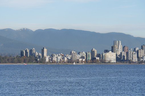 Skyline of the city of Vancouver as seen from Jericho Beach during a fall season in British Columbia, Canada.