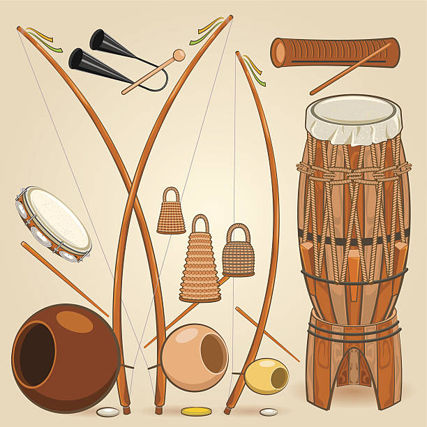 Brazilian Capoeira Music Instruments Brazilian Capoeira Music Instruments Such as Berimbau, Atabaque, Pandeiro, Reco reco. african musical instrument stock illustrations