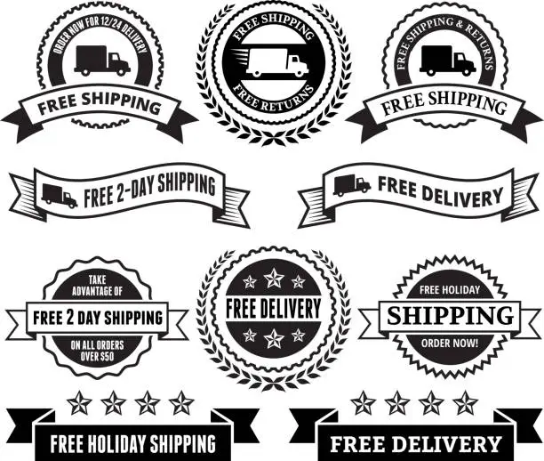 Vector illustration of Free Delivery Trucks black and white royalty-free vector icon set