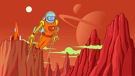 A retro vintage style vector illustration of a female astronaut exploring a planet while flying with a jetpack. Wide space available for your copy. Easy to grab and edit.