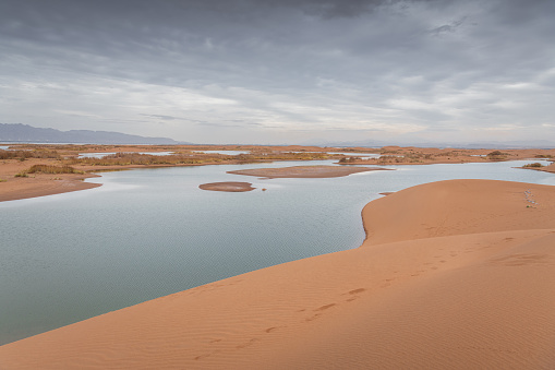 Gobi desert and the river near Wuhai, Inner Mongolia, China. Unique place, background with copy space for text