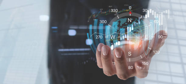 geschäftswachstum, zweck und richtung für die geschäftsentwicklung. kaufmann mit kompass-navigator und marktforschung, strategie und planung für geschäftslösungen, finanz- und investitionshintergrund - zirkel stock-fotos und bilder