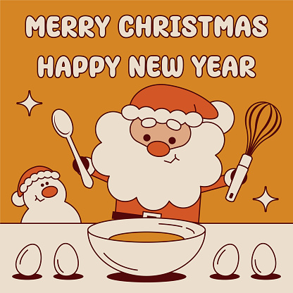 Cute Christmas Characters Vector Art Illustration.
Cute Santa Claus with a whisk and a spoon in his hand is mixing the ingredients for a Christmas cake and wishing you a Merry Christmas and a Happy New Year.