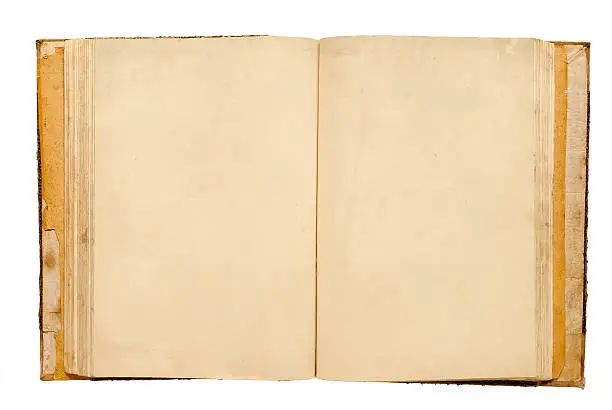 Old,antique book,open with empty,stained pages for copy on a white background.